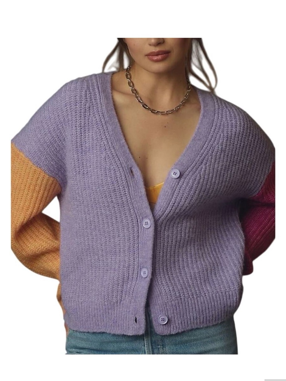 Sundry Lavender Colorblock V-Neck Button Cardigan